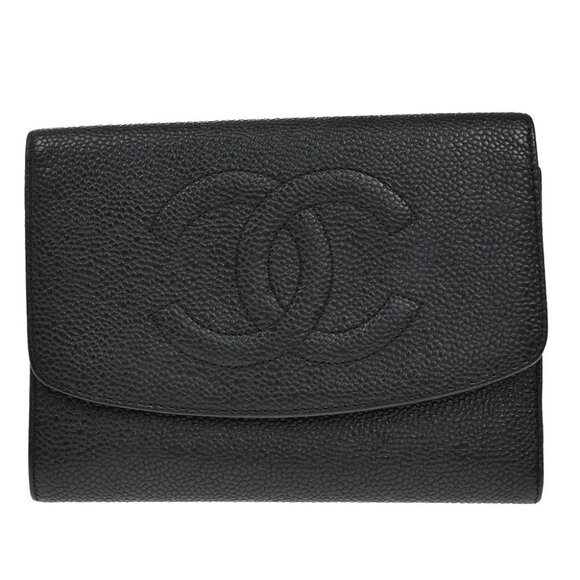 CHANEL CC Trifold Compact Wallet Grained Calfskin Leather Black Vintage 79RF500 - Picture 1 of 13